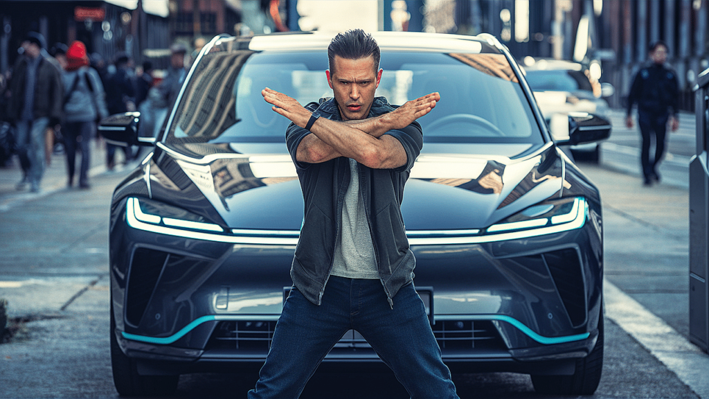 Acteurs freinant transition vers voiture électrique 1 Un homme barre la route à une voiture électrique