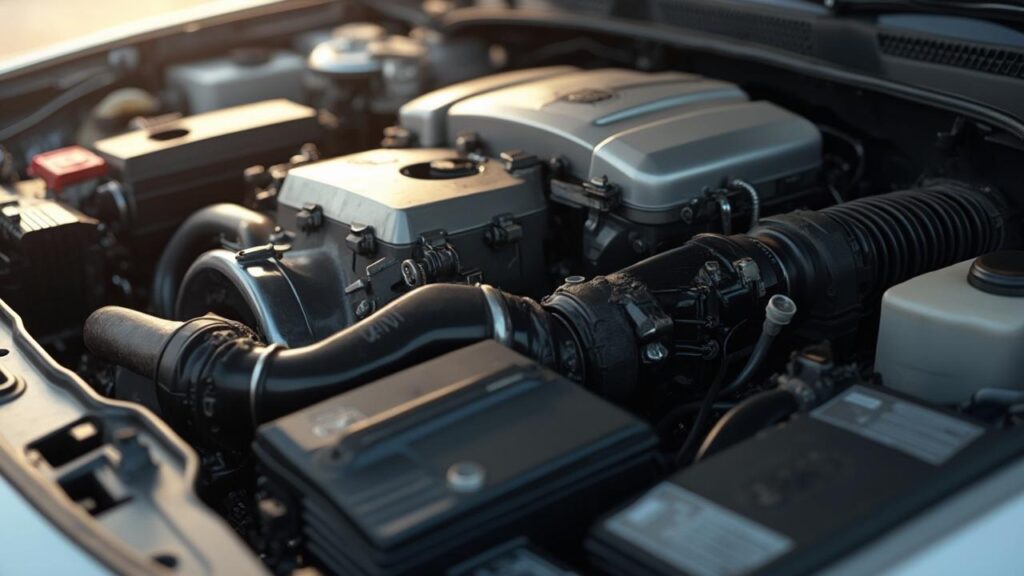 Attention danger : votre voiture pollue sans que vous le sachiez (voici comment y remédier) 84 Image détaillée du moteur d'un véhicule avec des composants complexes.