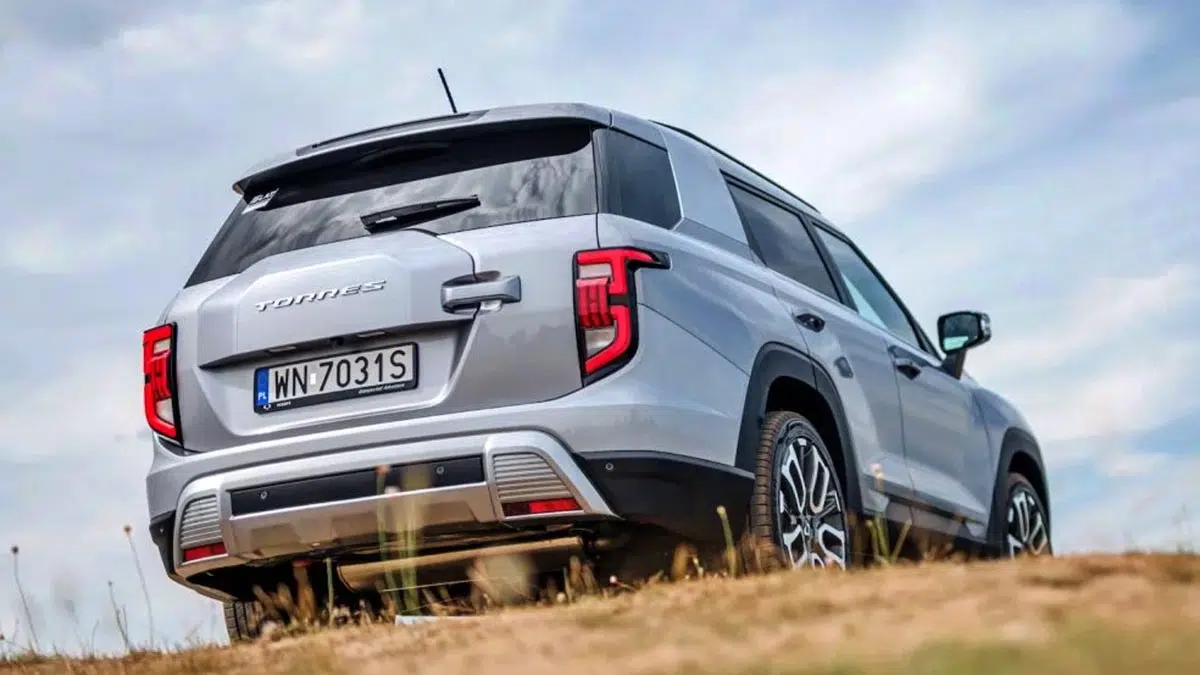 Cette alternative économique aux 4x4 légendaires : ce SUV baroudeur vous éblouira ! 6 Vue arrière illustrant un hayon vaste permettant d'accéder à un coffre de 600 litres, ainsi que des feux surélevés protégés et un pare-chocs intégrant des protections. La garde au sol est bien visible sous cet angle.