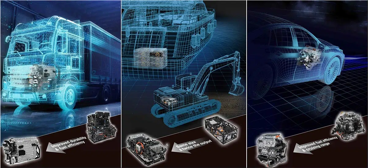 Cette incroyable innovation de Toyota : l’hydrogène aussi fiable qu’un diesel ! 4 Visuel représentant l'application de la technologie hydrogène Toyota dans divers secteurs : un porte-conteneur, une grue portuaire, un bus urbain et une centrale électrique de secours.