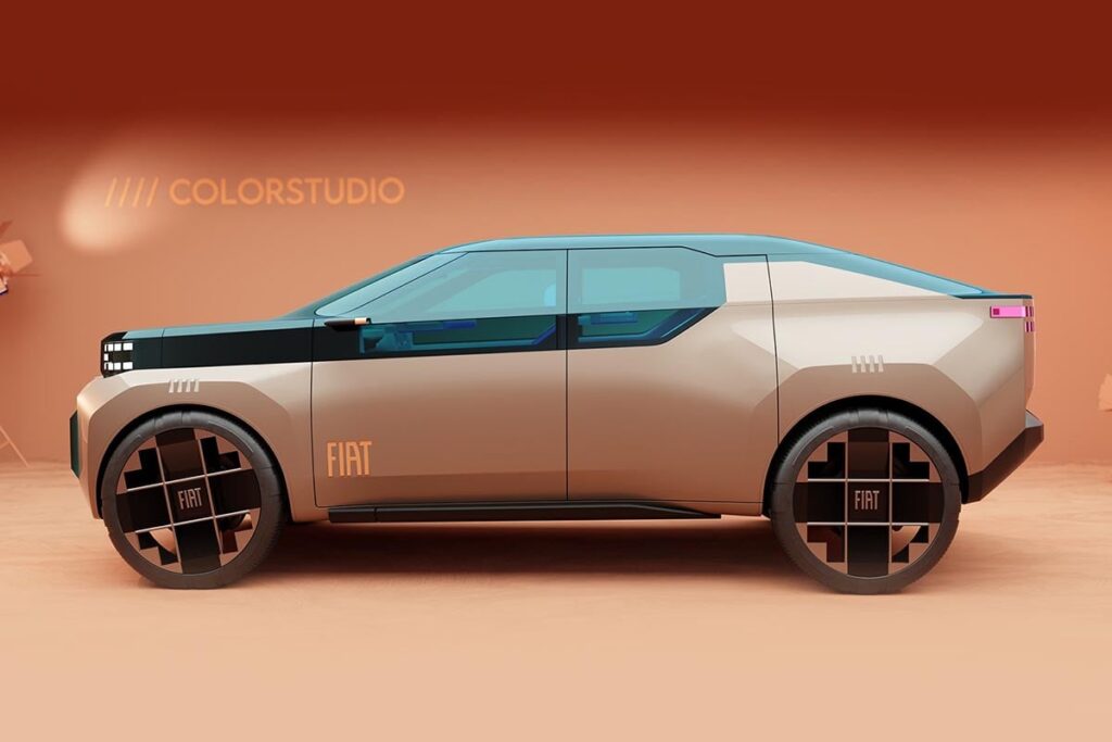 Ce changement radical : la fin de FIAT traditionnel et l'irrésistible gamme hybride ! 192 Nouveau prototype FIAT électrique sur fond ton sur ton automobile moderne, symbolisant la transition technologique de la marque italienne