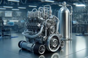 Moteur prototype futuriste généré par IA, illustrant un nouveau système de propulsion utilisant un carburant alternatif à l
