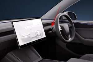 Volant Yoke controversé de la Tesla Model 3, montrant sa forme tronquée et l
