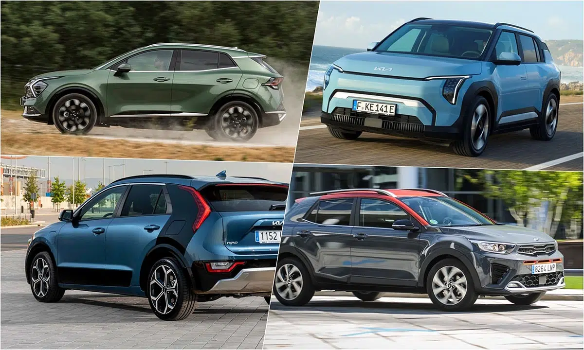 Ces SUV Kia révélés : découvrez celui qu'il vous faut vraiment ! 1 Les quatre SUV Kia (Stonic, Niro, Sportage et EV3) alignés côte à côte, montrant leurs différences de gabarit et de design pour différents styles de vie.