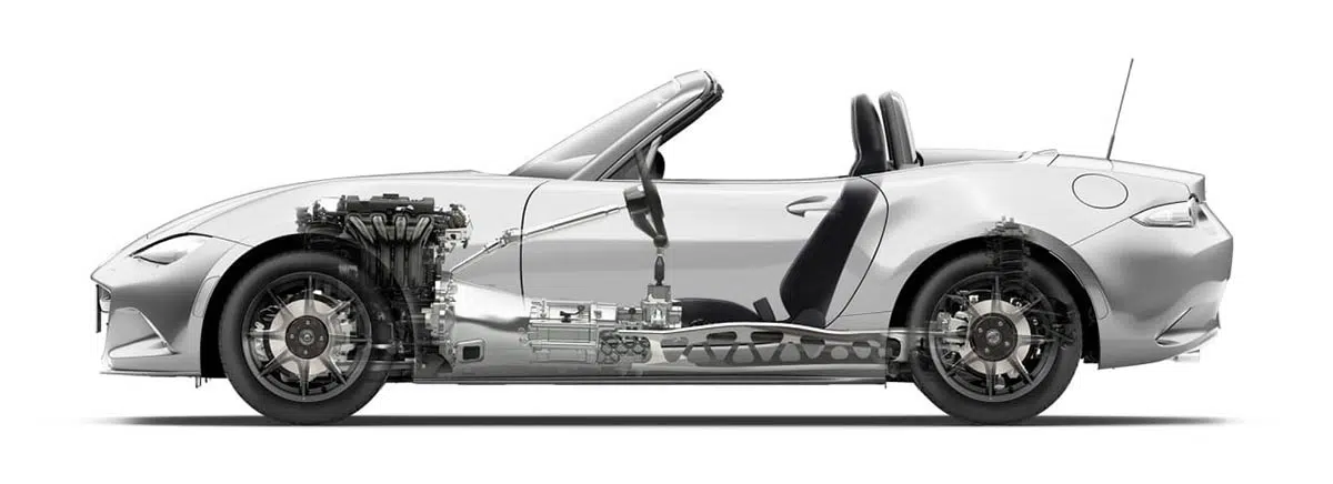 Cette Europe friande de moteurs électriques, pendant que le Japon vénère le 2,5 litres ! 4 Vue latérale transparente du Mazda MX-5 ND 2025 montrant la configuration propulsion et le moteur longitudinal