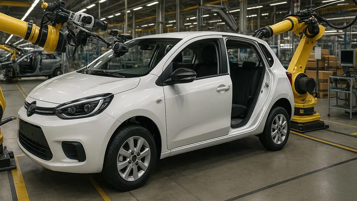 Ces exigences de sécurité mettent en péril l'avenir des citadines abordables ! 1 Chaîne de production automobile avec installation de systèmes de sécurité avancés sur une citadine.