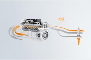 Imposant moteur V16 Liebherr équipé de quatre turbocompresseurs, exposé avec une partie de son carter ouverte révélant sa mécanique complexe.