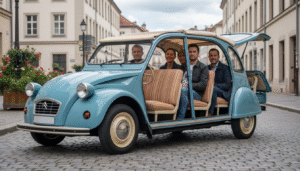 découvrez l'innovation signée decathlon : une voiture compacte comme une renault clio, capable de transporter six passagers grâce à des sièges inspirés de la légendaire 2cv, alliant confort et originalité.