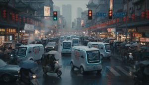 découvrez comment des milliers de fourgonnettes de livraison autonomes chinoises créent un chaos inédit dans 300 villes à travers le pays, bouleversant le secteur de la logistique urbaine.