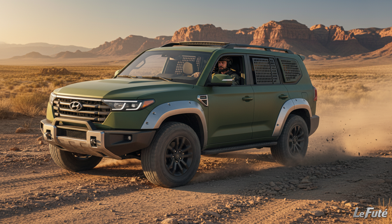 Hyundai réinvente le Land Cruiser : un tout-terrain robuste au look militaire prêt à dominer le marché 1 découvrez le nouveau hyundai land cruiser, un tout-terrain robuste au design militaire audacieux, alliant puissance et style pour conquérir tous les terrains avec assurance.