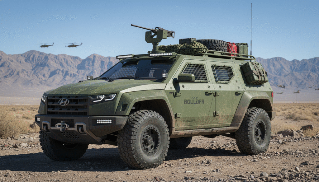 Hyundai réinvente le Land Cruiser : un tout-terrain robuste au look militaire prêt à dominer le marché 91 découvrez le nouveau hyundai land cruiser, un tout-terrain robuste au design militaire audacieux, conçu pour dominer le marché avec puissance et style.
