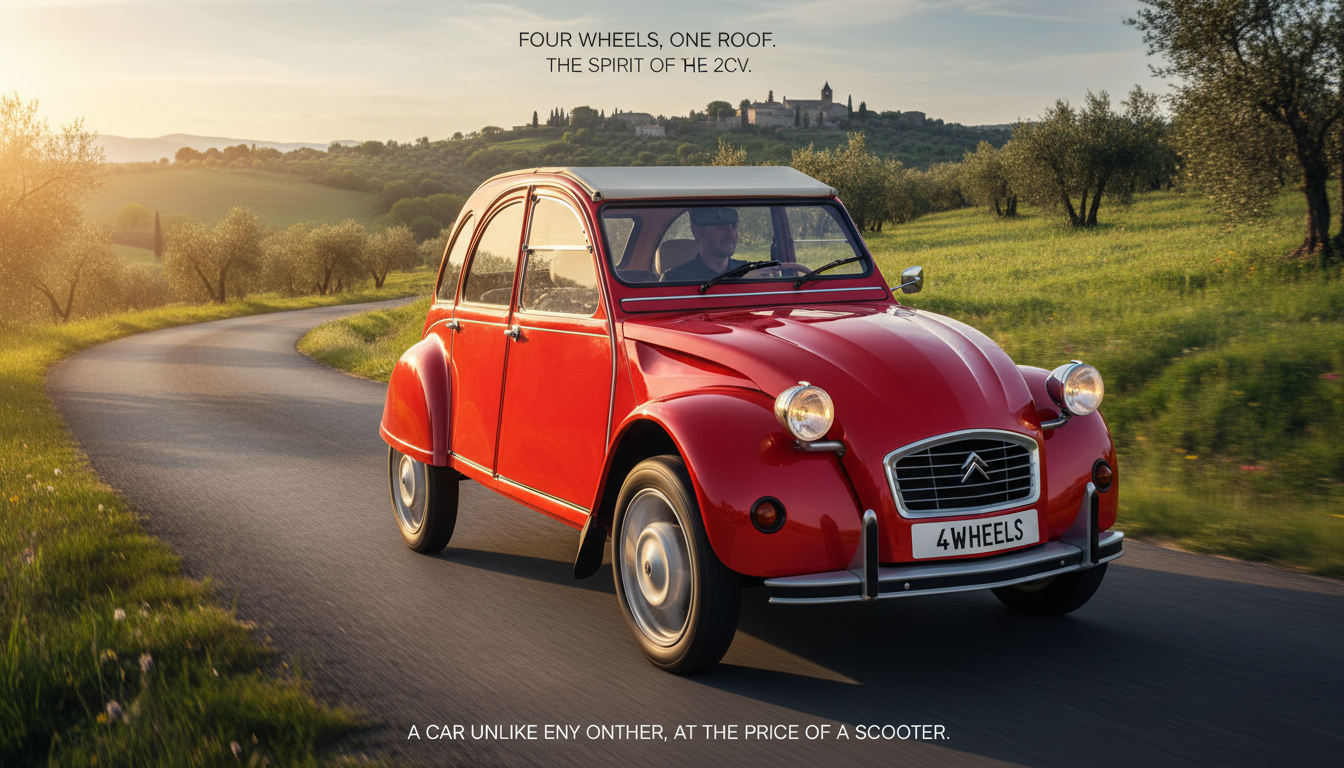 Quatre roues, un toit et l'esprit de la 2CV : une voiture pas comme les autres, au prix d'un scooter 1 découvrez une voiture unique alliant le charme de la 2cv avec quatre roues et un toit, proposée au prix d'un scooter. un véhicule original et accessible qui sort de l'ordinaire.