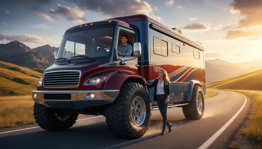 Un camping-car haut de gamme affichant un couple impressionnant de 1 423 Nm et des roues géantes de 37 pouces 94 découvrez un camping-car haut de gamme doté d'un couple exceptionnel de 1 423 nm et équipé de roues géantes de 37 pouces, alliant puissance et performance pour des aventures inégalées.