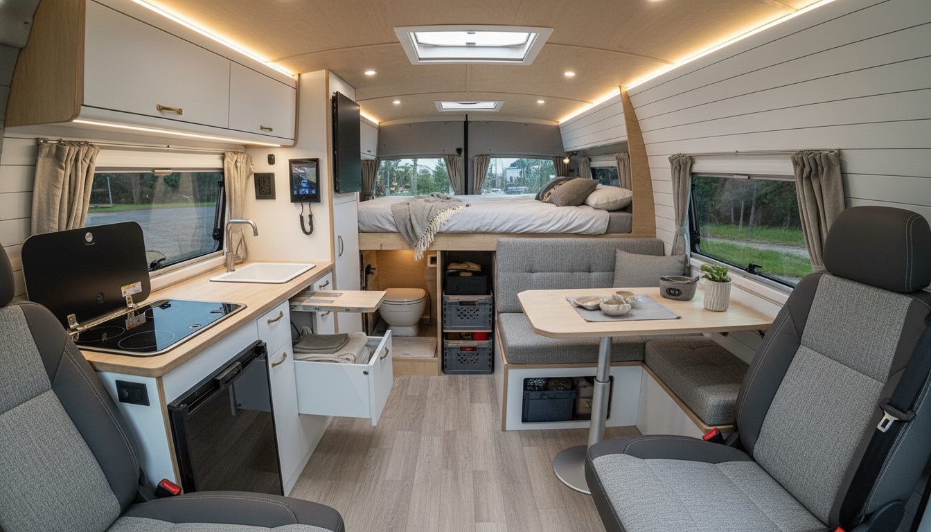 Un van aménagé s'inspire du Ford Nugget pour créer un camping-car chic et spacieux accueillant 6 couchages 1 découvrez un van aménagé inspiré du ford nugget, un camping-car chic et spacieux offrant 6 couchages pour vos voyages confortables et conviviaux.