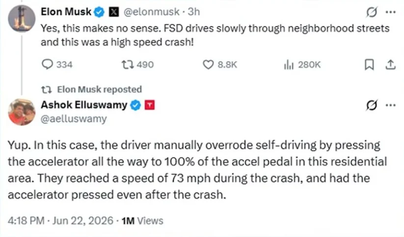 Cette tragédie au Texas : une Tesla Model 3 détruit une maison et a tué une femme ! 1 Accident Tesla (tweet Musk)