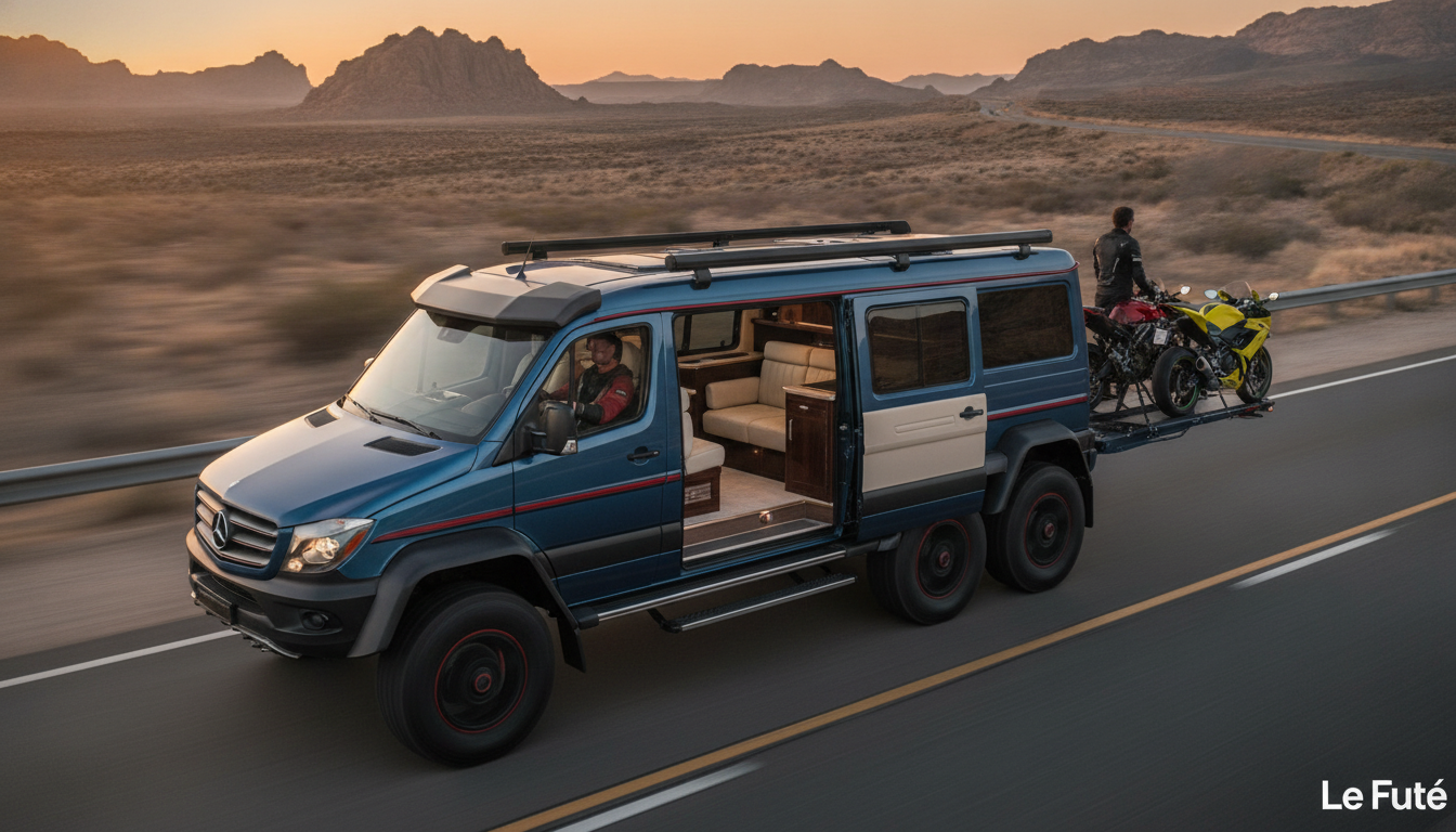 Ce camping-car Mercedes 6×6 de 33 tonnes au moteur diesel 15,6L offre un intérieur digne d'un yacht et intègre une plateforme pour transporter vos motos 1 découvrez ce camping-car mercedes 6×6 de 33 tonnes équipé d'un moteur diesel 15,6l, avec un intérieur luxueux digne d'un yacht et une plateforme intégrée pour transporter vos motos en toute sécurité.
