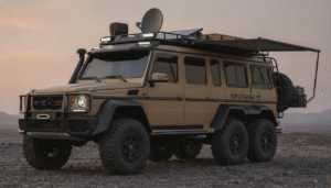 découvrez ce camping-car mercedes 6×6 de 33 tonnes, équipé d'un puissant moteur diesel 15,6l, offrant un intérieur luxueux digne d'un yacht et une plateforme intégrée pour transporter vos motos en toute sécurité.