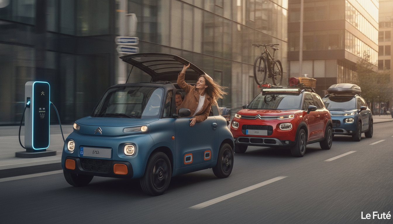 Citroën métamorphose trois de ses modèles en aventuriers urbains : toit ouvrant sur l'Ami et autonomie allant jusqu'à 397 km 1 découvrez les nouveautés citroën : trois modèles transformés en aventuriers urbains avec un toit ouvrant sur l'ami et une autonomie pouvant atteindre 397 km pour des trajets en ville toujours plus agréables.