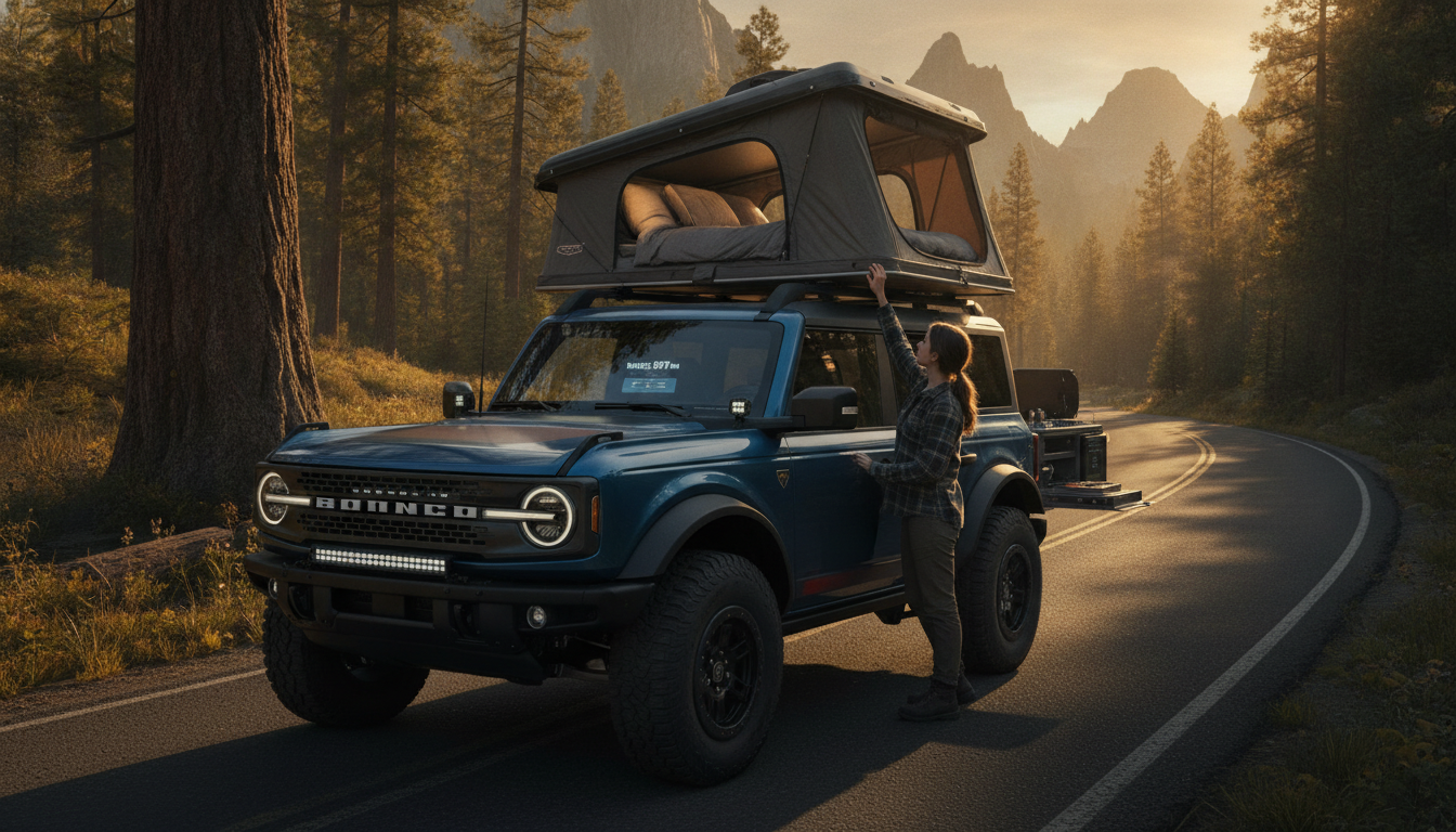 Ford métamorphose son Bronco en véhicule de camping ultime : lit intégré, toit escamotable et autonomie impressionnante jusqu’à 900 km 1 découvrez la transformation du ford bronco en un véhicule de camping ultime avec lit intégré, toit escamotable et une autonomie exceptionnelle allant jusqu'à 900 km.