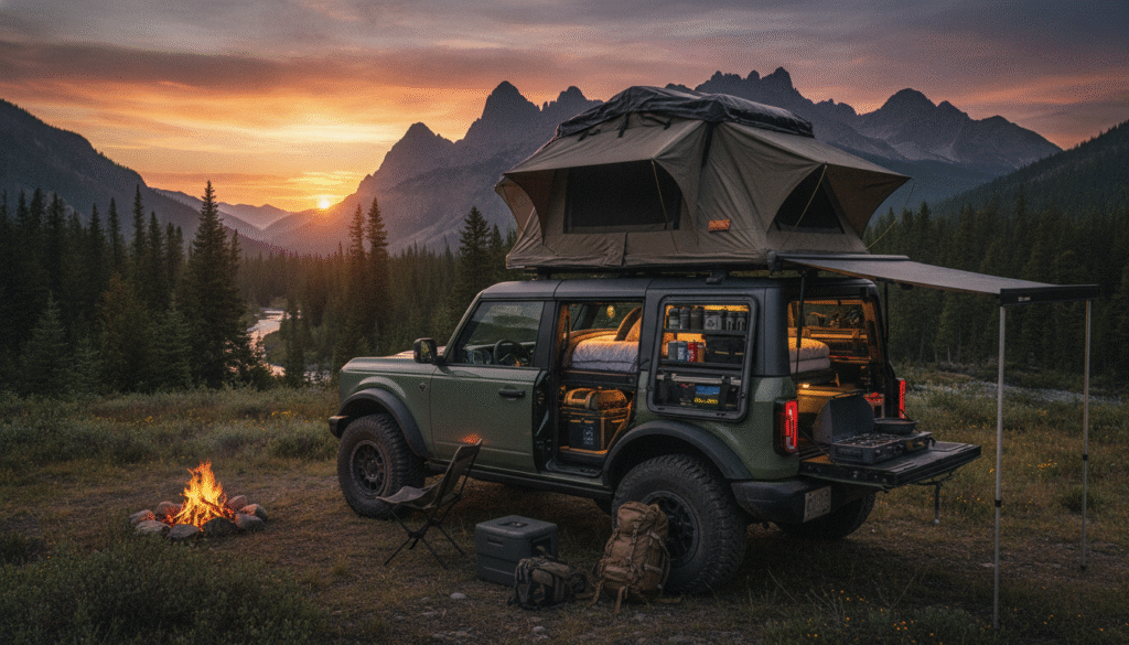 Ford métamorphose son Bronco en véhicule de camping ultime : lit intégré, toit escamotable et autonomie impressionnante jusqu’à 900 km 1 découvrez le ford bronco transformé en véhicule de camping ultime avec lit intégré, toit escamotable et une autonomie impressionnante jusqu’à 900 km pour des aventures sans limites.